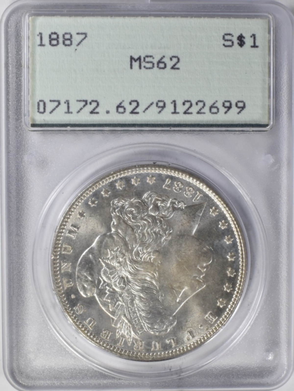 1887 Morgan Dollar MS62 PCGS Rattler Holder