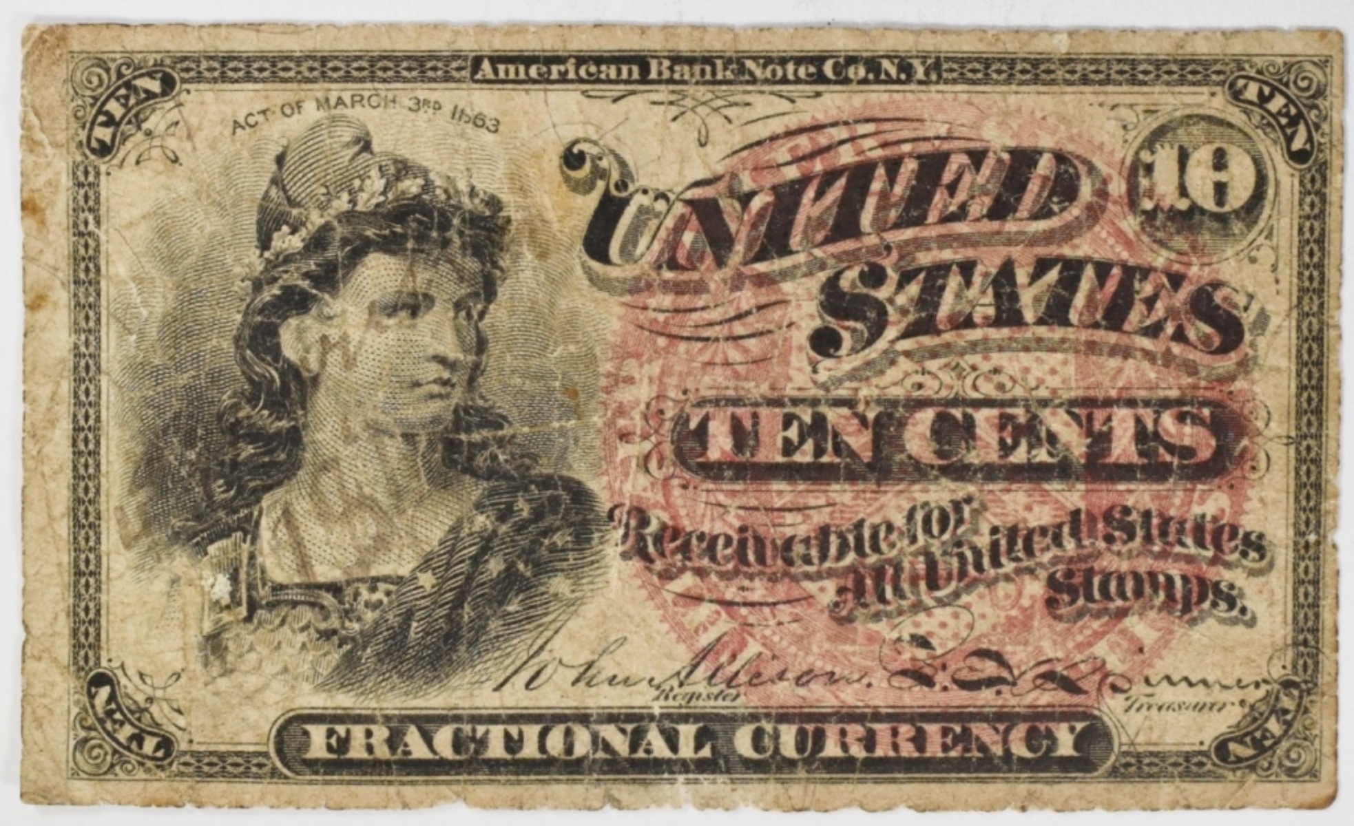1863 10 Cent Fractional Currency 4th Issue