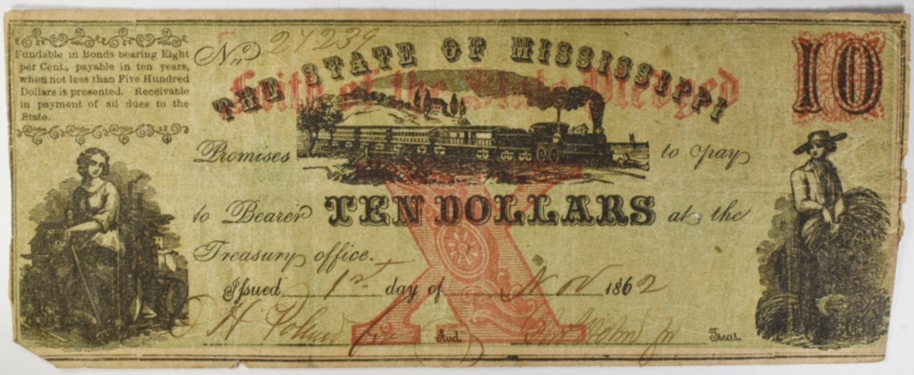 1862 $10 Banknote State of Mississippi