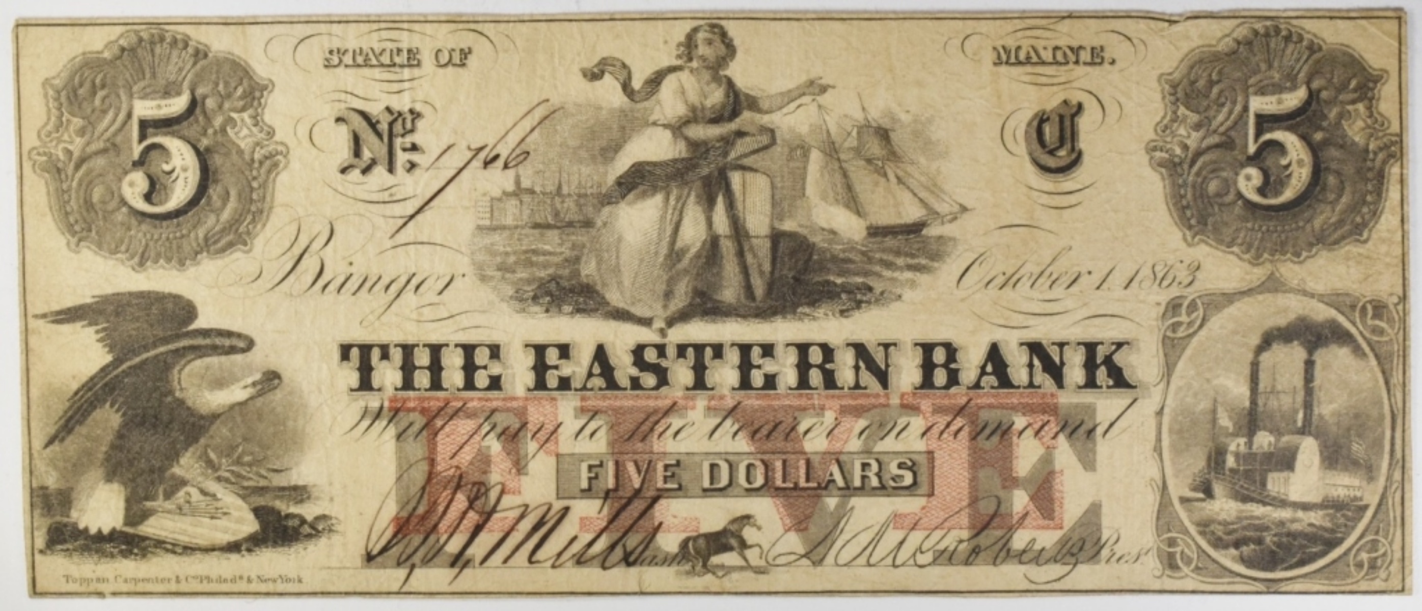 1863 $5 Bank Note The Eastern Bank