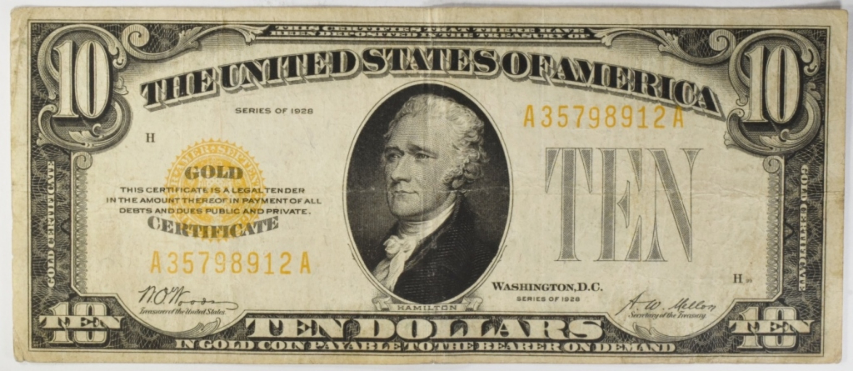 1928 $10 Gold Certificate SN A35798912A
