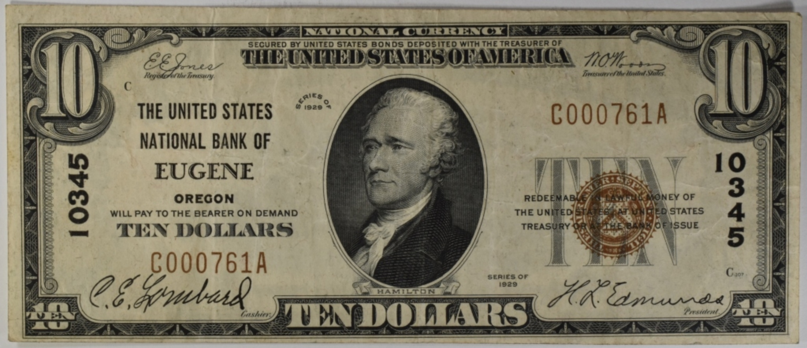 1929 $10 US National Bank Of Eugene, OR