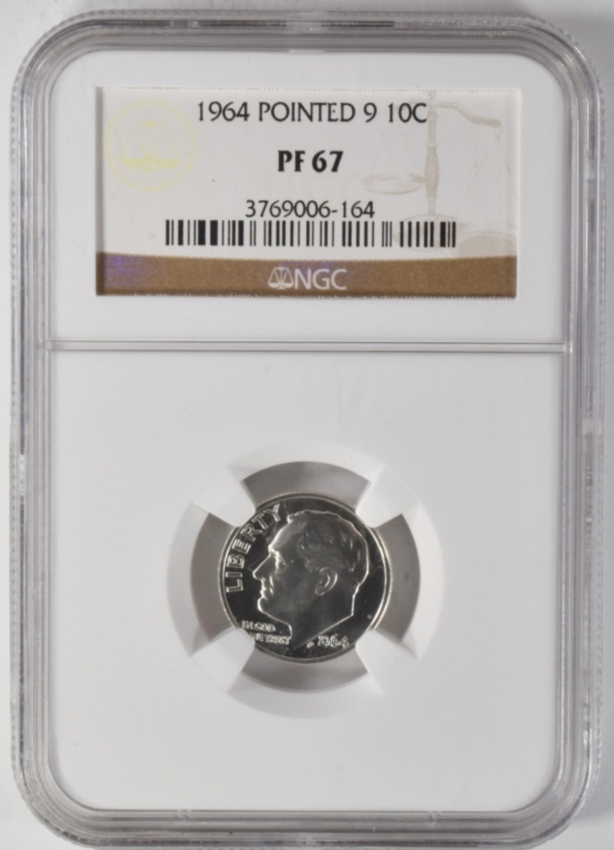 1964 Pointed 9 Roosevelt Dime PF67 NGC