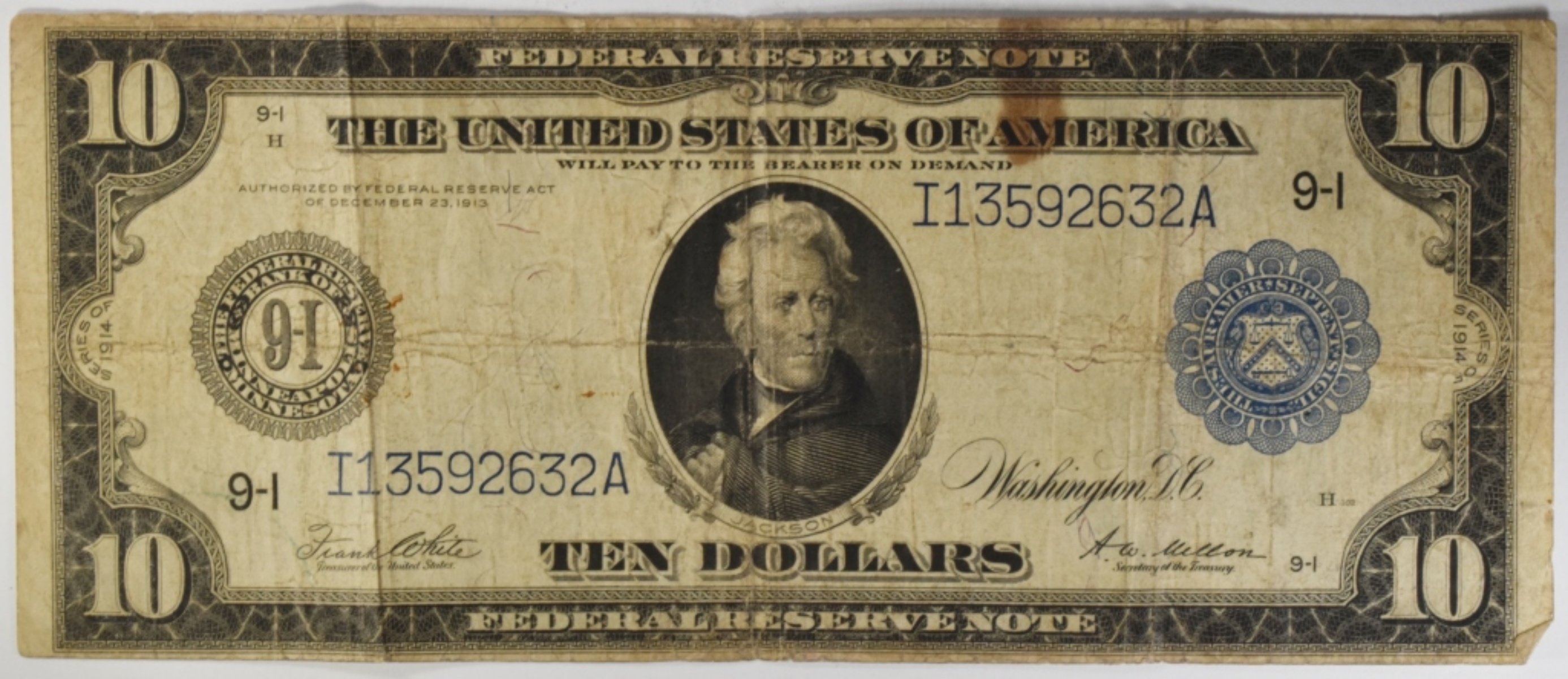 1914 $10 Federal Reserve Note SN I13592632A