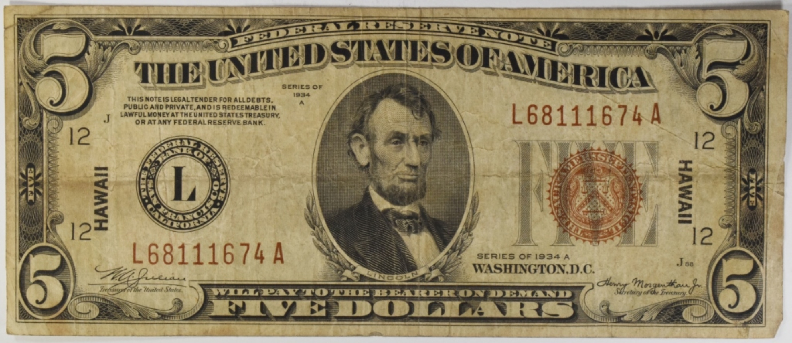 1934A $5 Hawaii Note SN L68111674A
