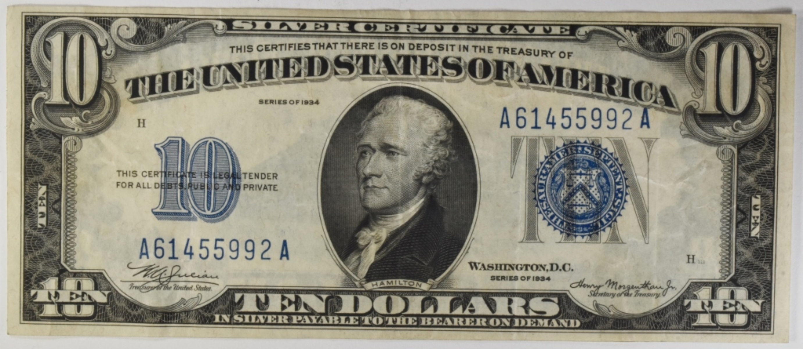 1934 $10 Silver Cert. SN A61455992A