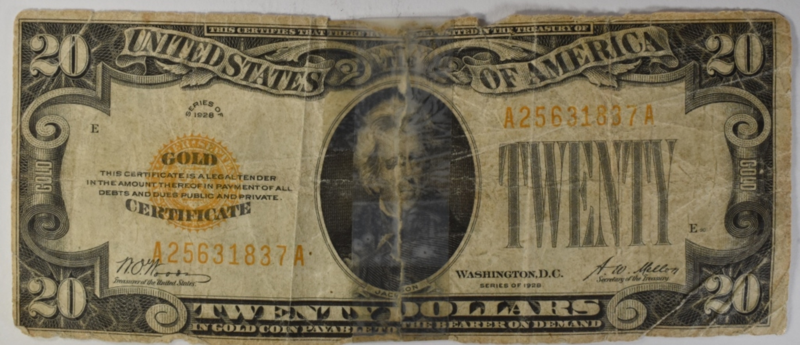 1928 $20 Gold Cert. SN A25631837A