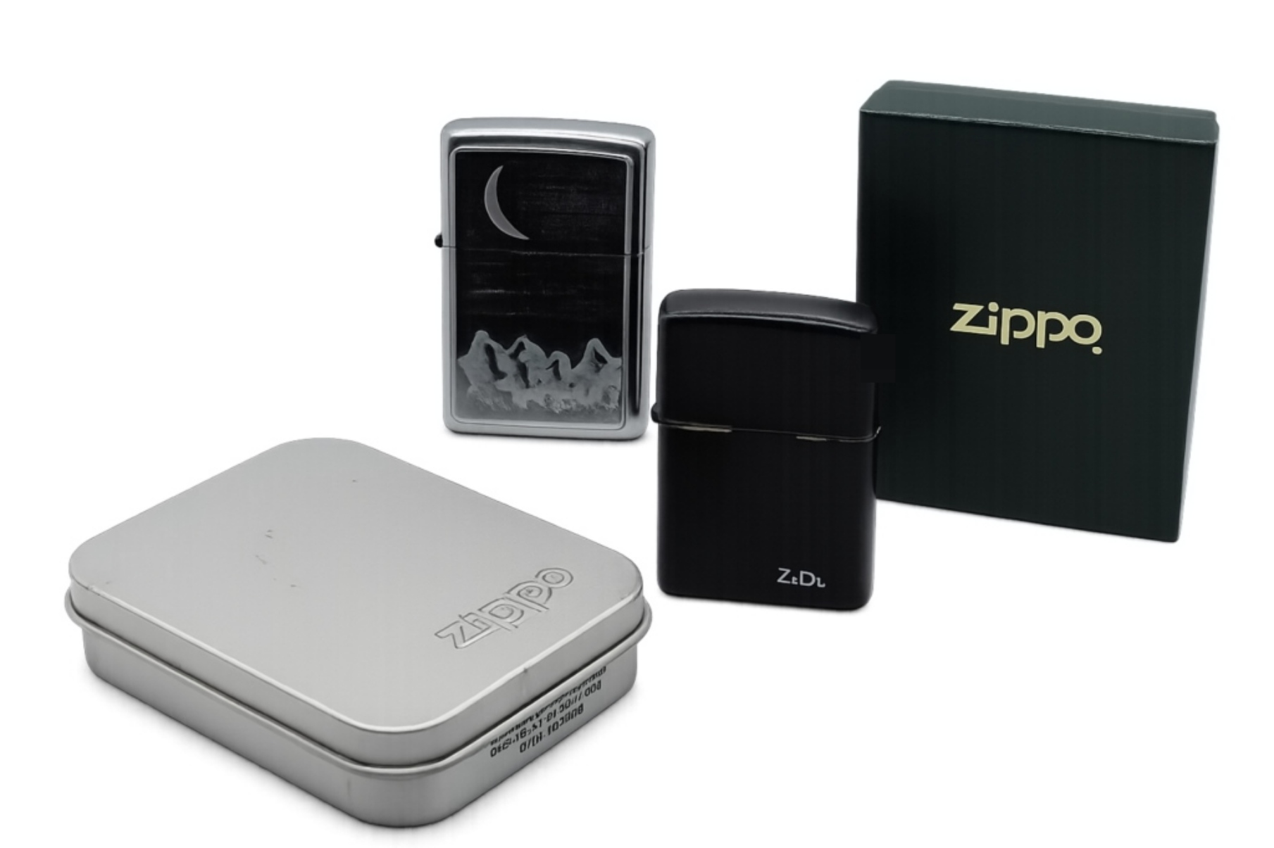 2001 Zippo Moon Mountain & 1997 Black Logo Lighter