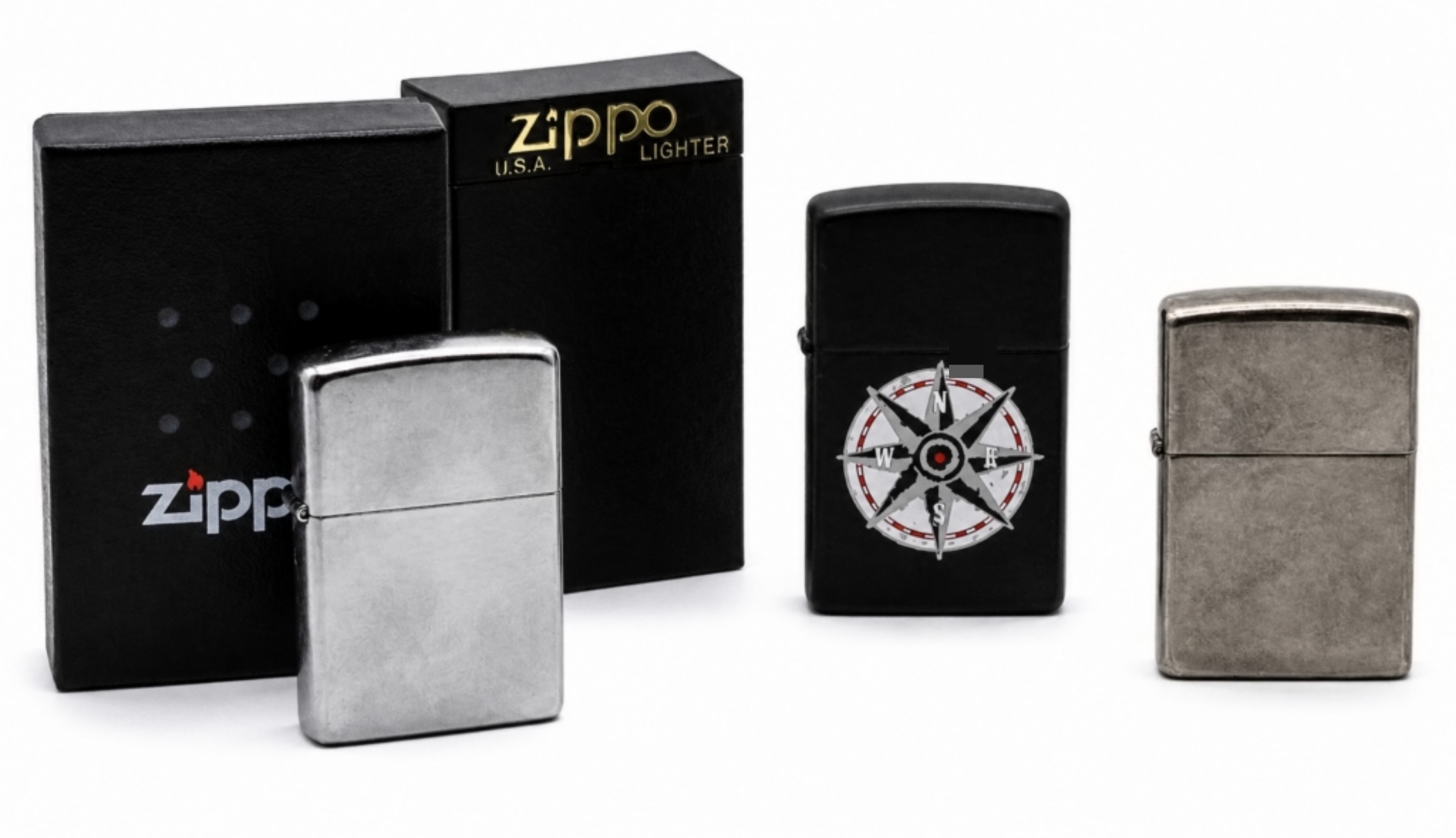 Three Zippo Lighters Compass & Street Chrome