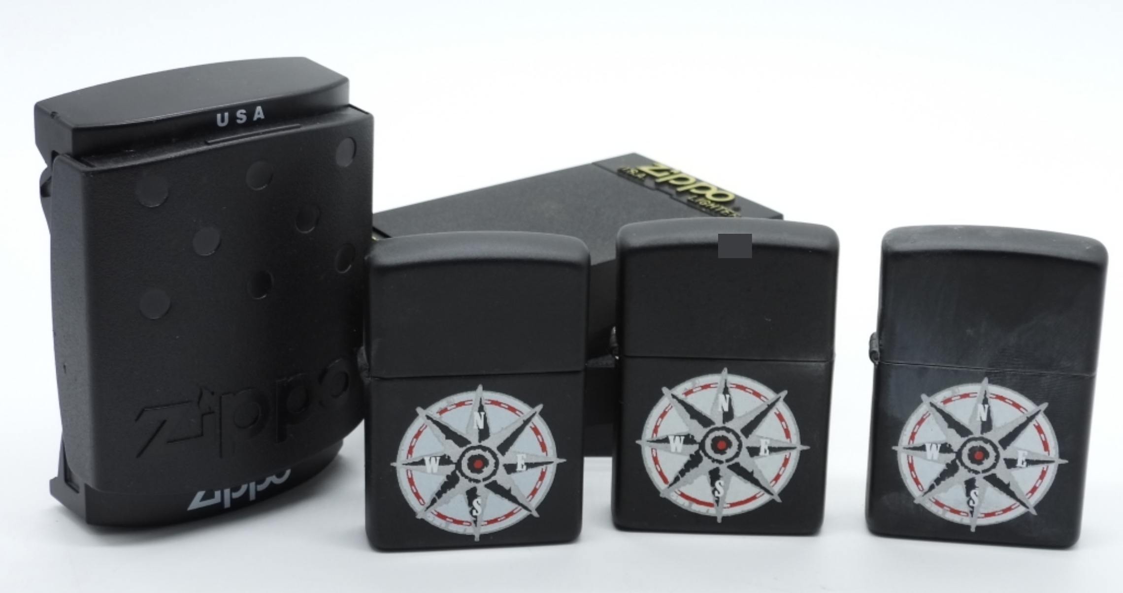 3 Zippo Compass Rose Lighters, Black Matte
