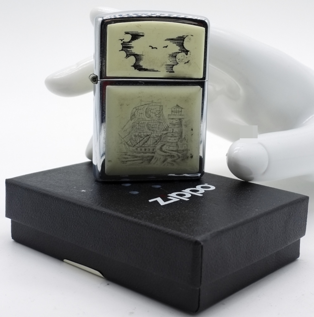 Vintage Zippo Lighter with Scrimshaw Ship Design