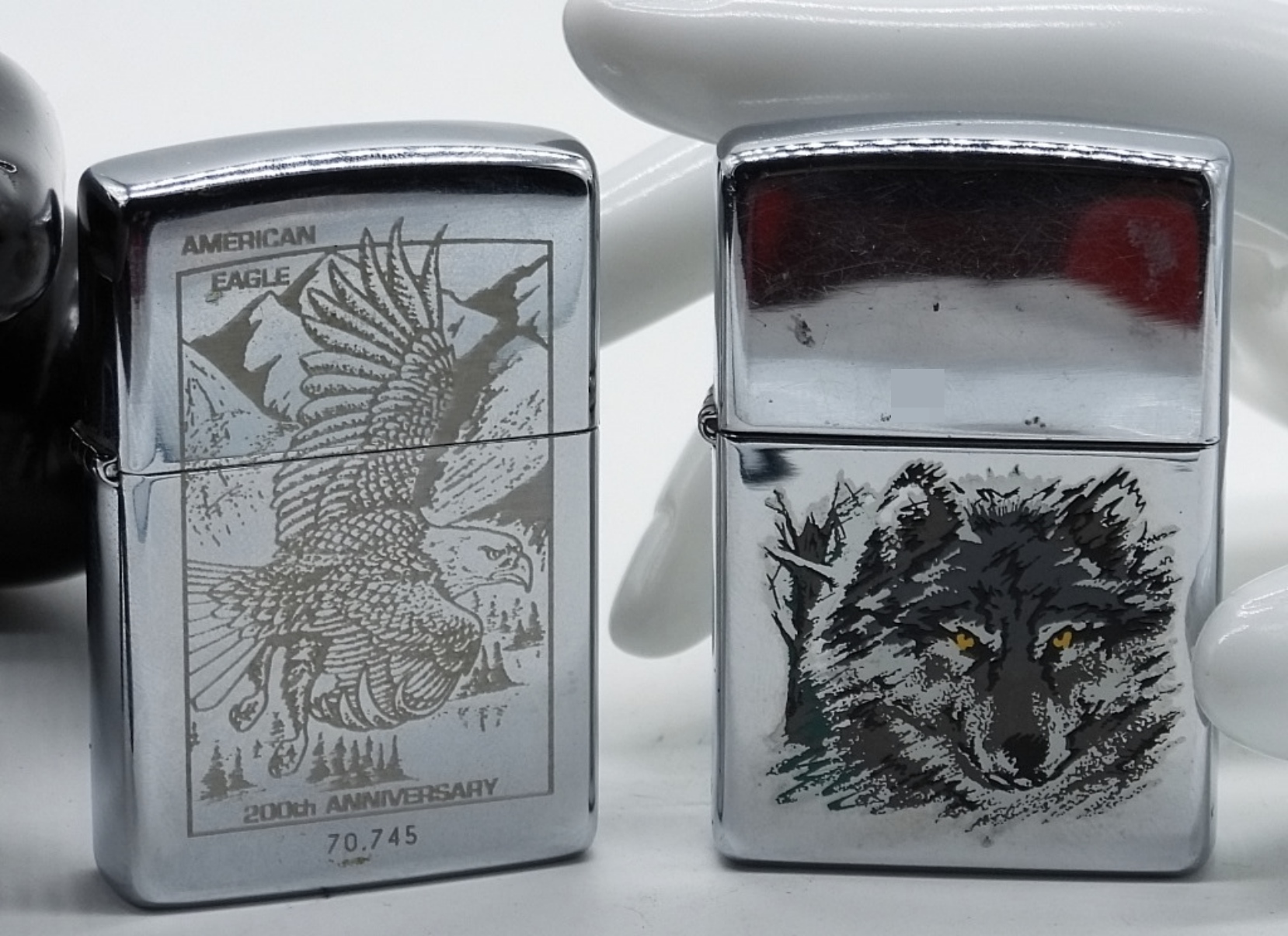Zippo Chrome Lighters with American Eagle & Wolf