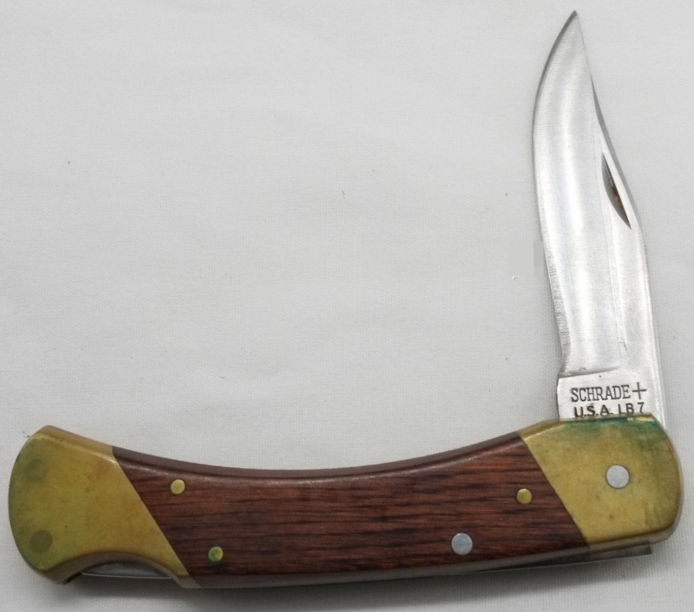 Schrade+ LB7 Lockback Knife, Wood & Brass