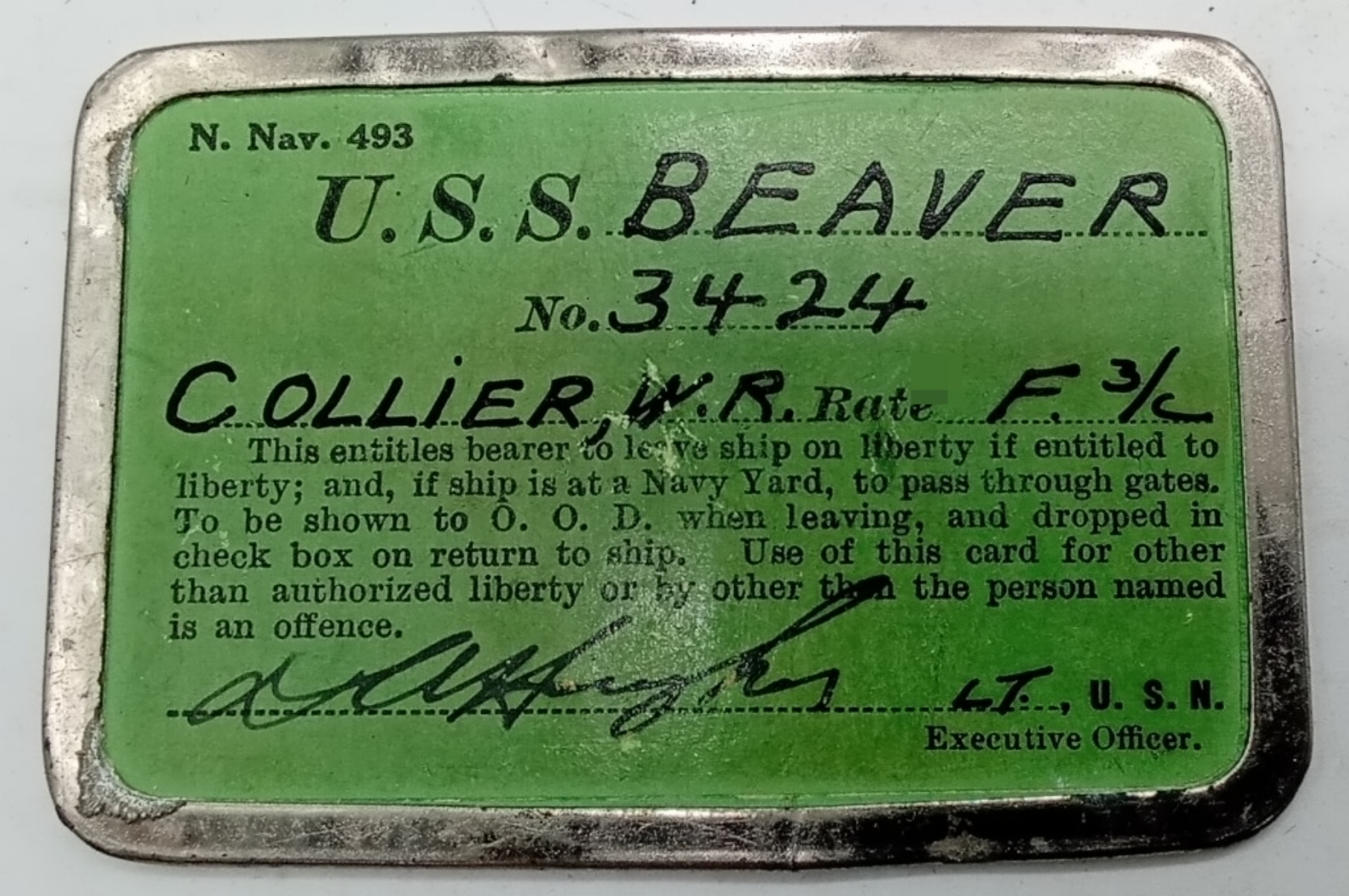 WWII U.S.S. Beaver Navy Liberty Pass, 1940s