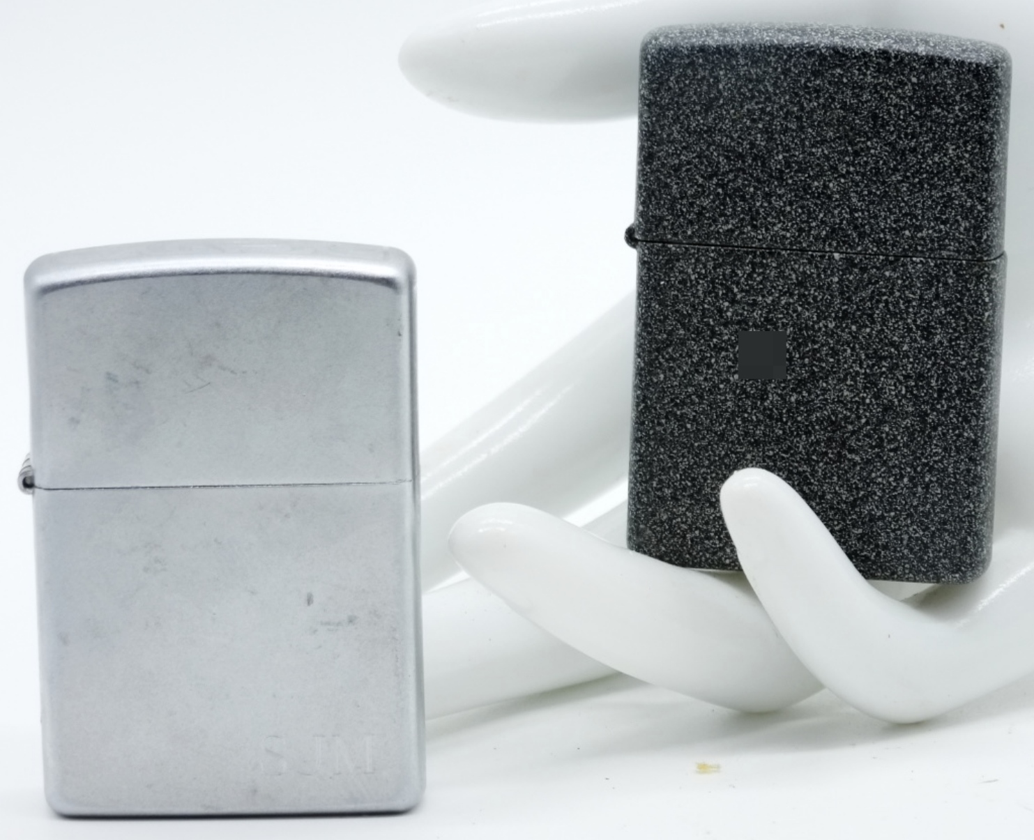 Zippo Lighters, Chrome & Black Crackle Pair