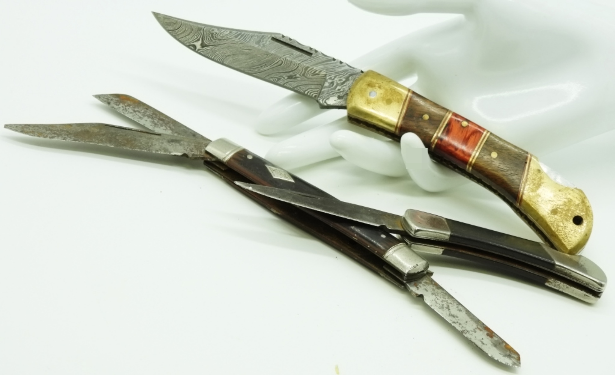 Vintage Folding Knives with Damascus Steel Blade