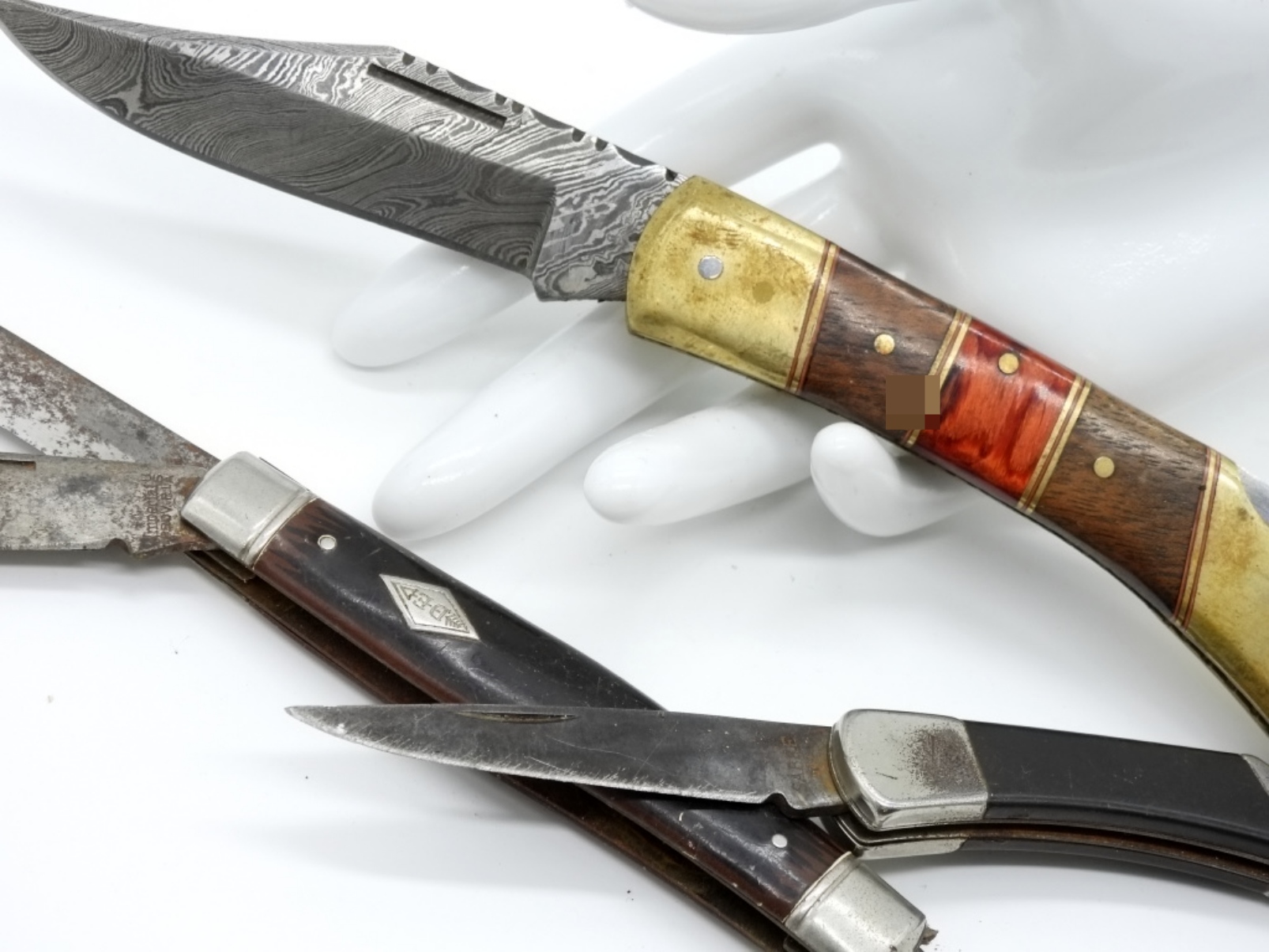 Vintage Folding Knives with Damascus Steel Blade