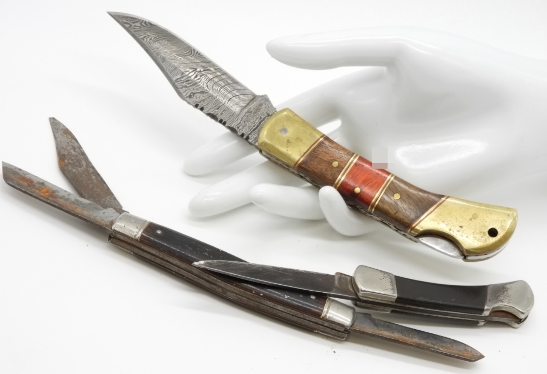 Vintage Folding Knives with Damascus Steel Blade