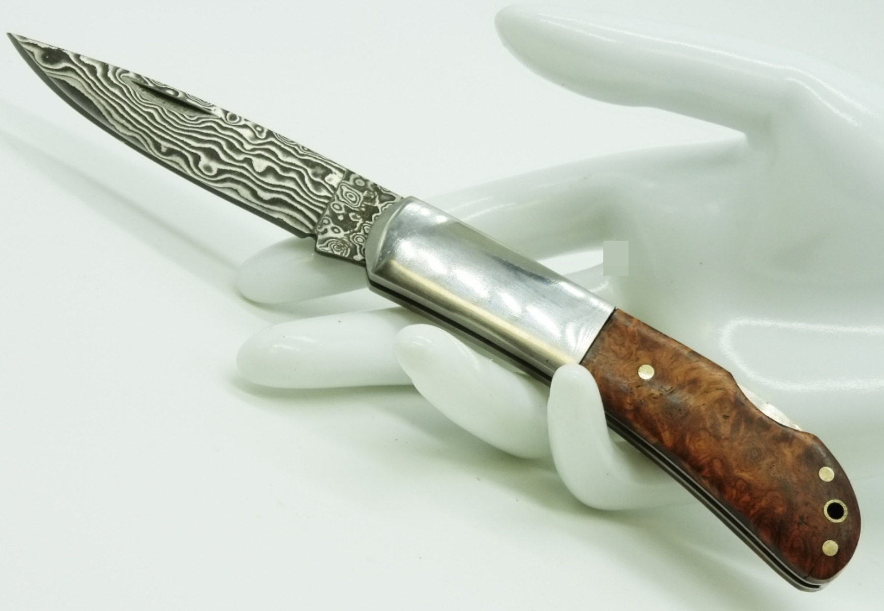 Damascus Steel Fixed Blade, Burl Wood Handle