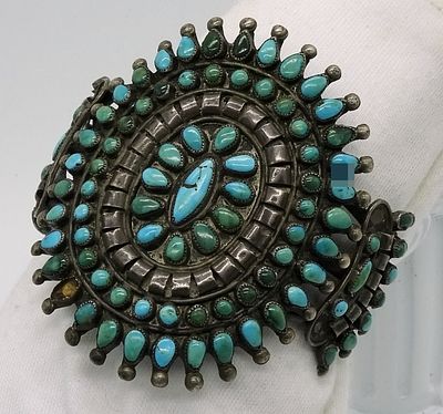 Navajo Style Sterling Turquoise Cluster Cuff. Impressive unmarked cuff bracelet featuring blue 