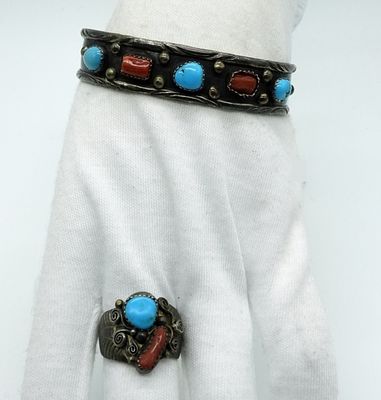 Navajo 925 Turquoise Bracelet & Ring Set. Marked Navajo sterling silver cuff bracelet and ring 