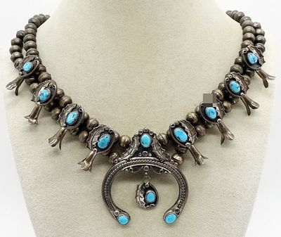 Sterling Turquoise Squash Blossom Necklace. Traditional Navajo-style squash blossom necklace in 
