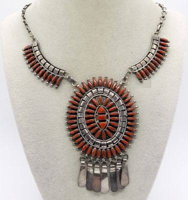 Native American 925 Coral Necklace. Traditional squash blossom style necklace featuring 