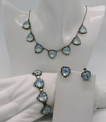 Vintage Opal Glass Heart 3-Piece Set. Complete matching set featuring heart-shaped opal glass 