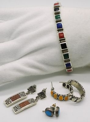 Multi Gemstone 925 Bracelet & Earrings. Colorful multi gemstone bracelet measuring 7.5 inches 