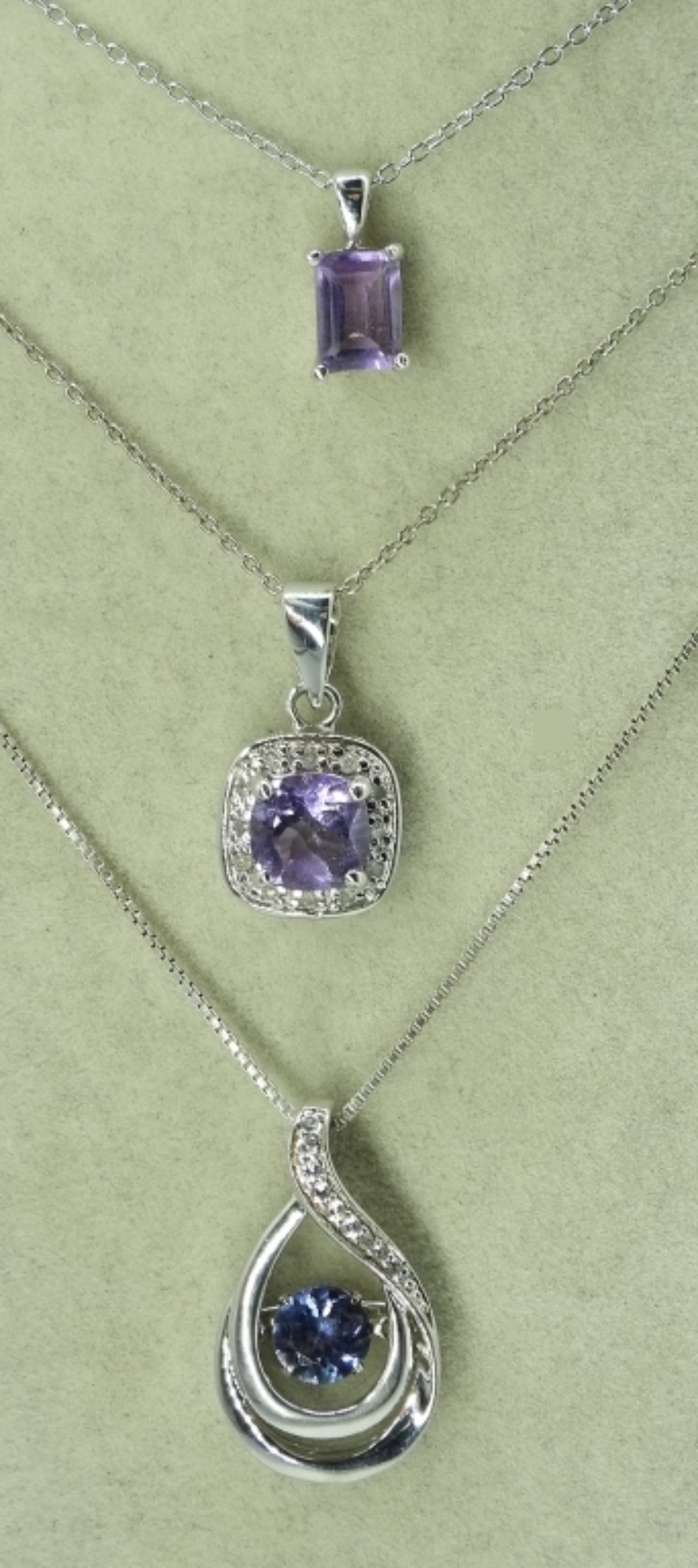 Three Sterling Amethyst Pendant Necklaces