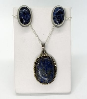 Sterling Lapis Lazuli Necklace & Earring Set. Matching set featuring bezel-set lapis lazuli 