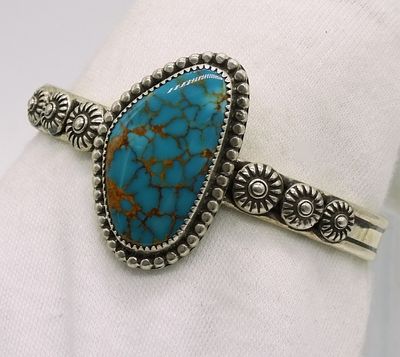Navajo 925 Turquoise Cuff Bracelet. Hand-crafted sterling silver cuff bracelet marked "JK 925" 