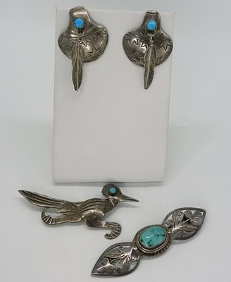 Turquoise 925 Brooches & Earrings. Two vintage brooches and one pair of pierced earrings, all 