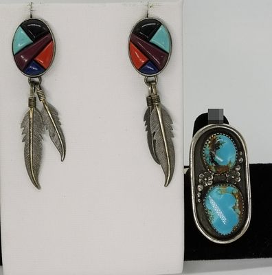 Native American Turquoise Ring & Earrings. The ring features two turquoise cabochons with 