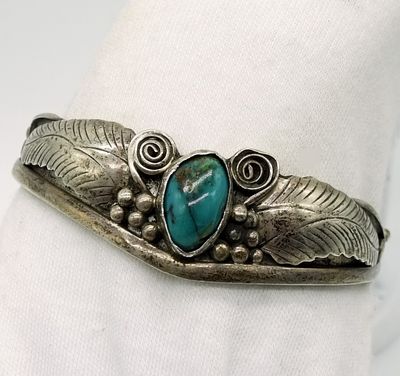 John Mike Navajo Sterling Turquoise Cuff Bracelet. Handcrafted cuff featuring traditional 
