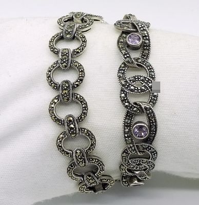 Two Sterling Marcasite Bracelets. Two marked 925 sterling silver marcasite bracelets, each 