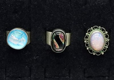 3 Sterling Dichroic Glass Rings. Three sterling silver rings in sizes 5.5, 6, and 6.5 featuring 