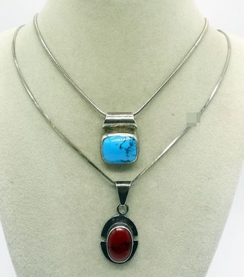 Mexican 925 Turquoise & Jasper Necklaces. Two handcrafted pendants on sterling silver chains 