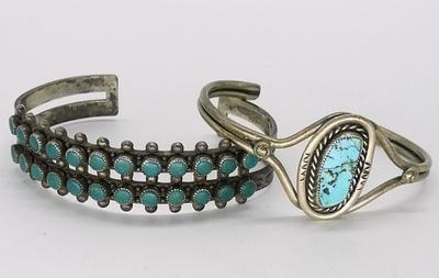 Vintage Sterling Turquoise Cuff Bracelets (2). Two unmarked vintage sterling silver cuff 