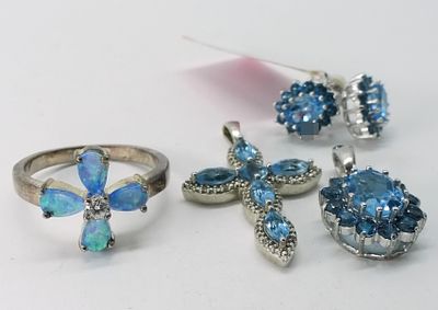 Sterling Blue Topaz & Opal Jewelry Set. Blue topaz and opal gemstones set in sterling silver. 