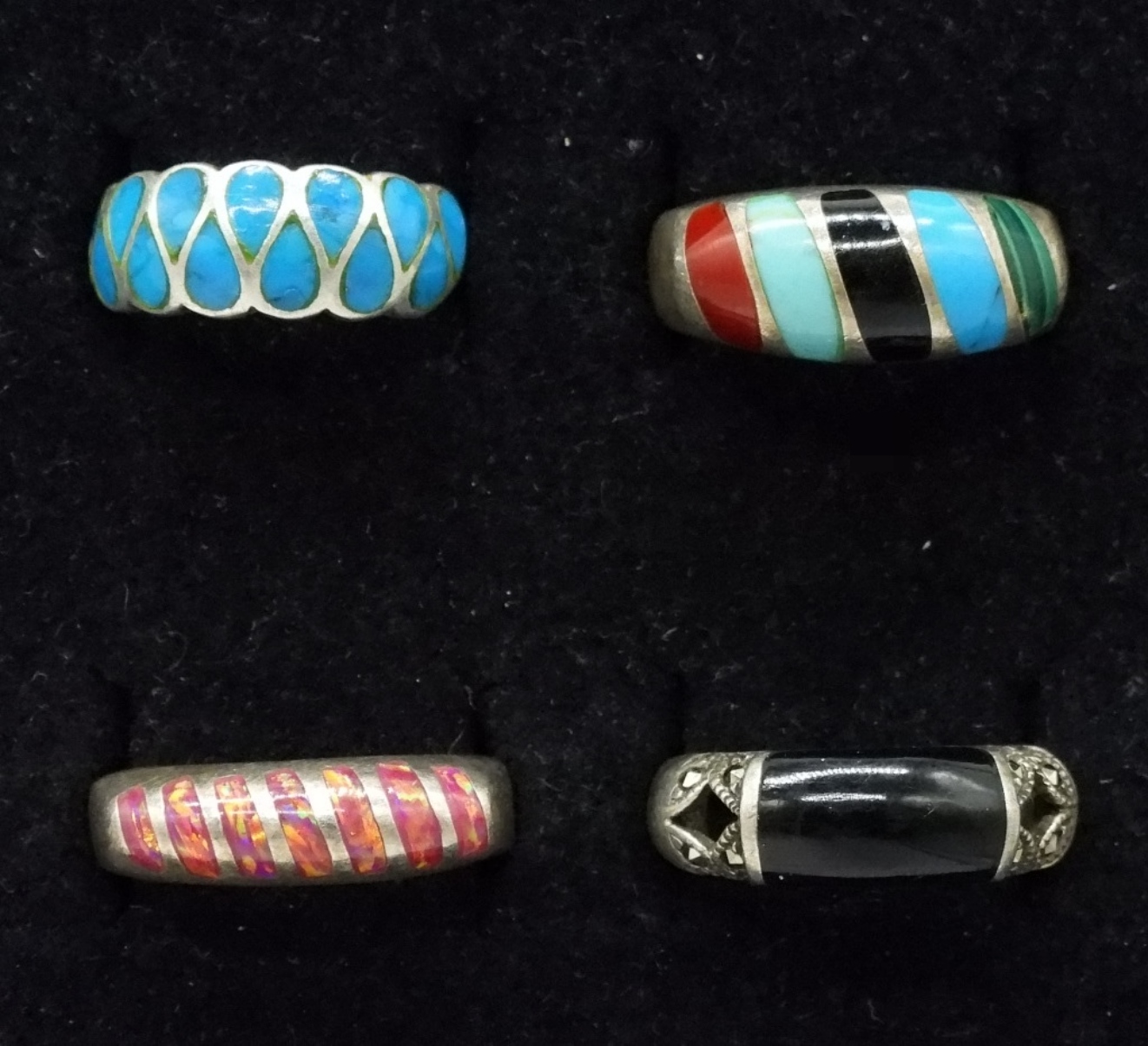 4 Vintage Sterling Inlay Rings, Opal & Turquoise