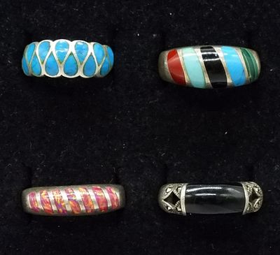 4 Vintage Sterling Inlay Rings, Opal & Turquoise. Four marked sterling silver rings featuring 
