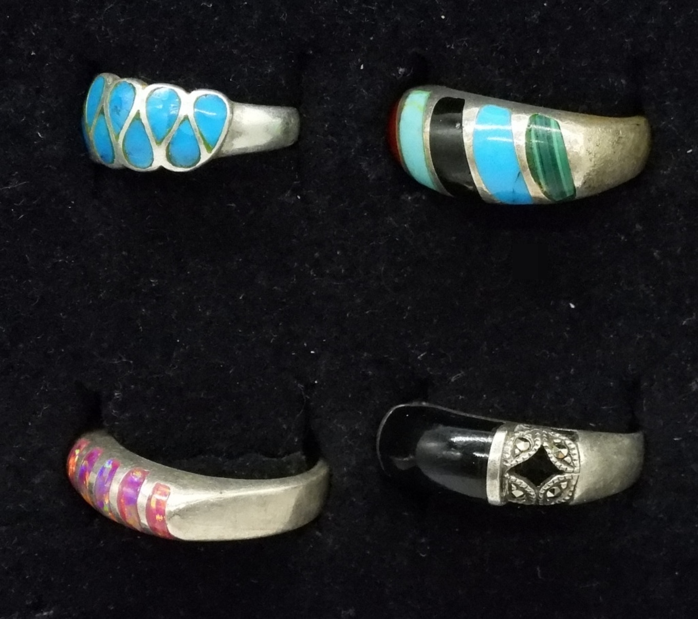 4 Vintage Sterling Inlay Rings, Opal & Turquoise