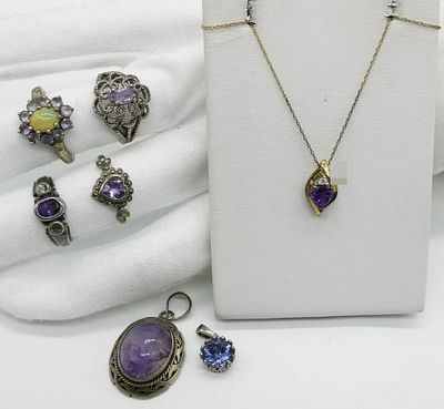 Vintage Sterling Amethyst Rings & Pendants. Collection includes four amethyst rings in sizes 6 