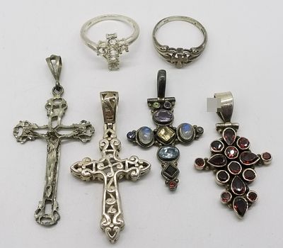Sterling Religious Cross Pendants & Rings. Six-piece sterling silver religious jewelry 