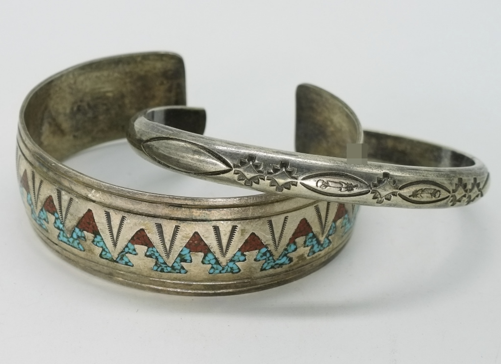 2 Sterling Cuff Bracelets, Turquoise Inlay