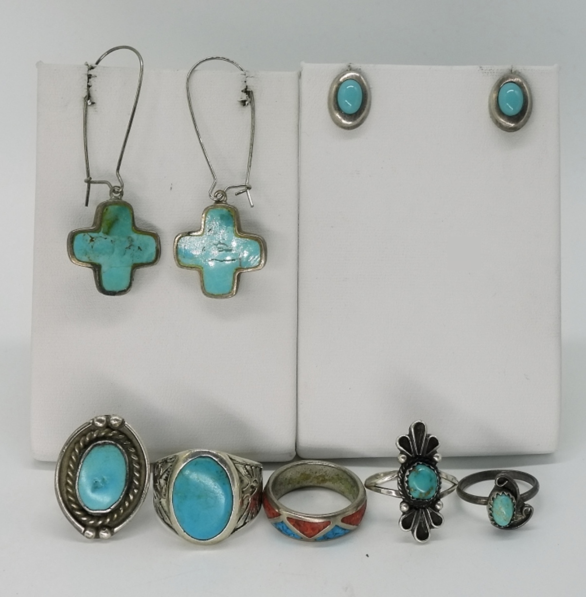 7 Sterling Turquoise Rings & Earrings