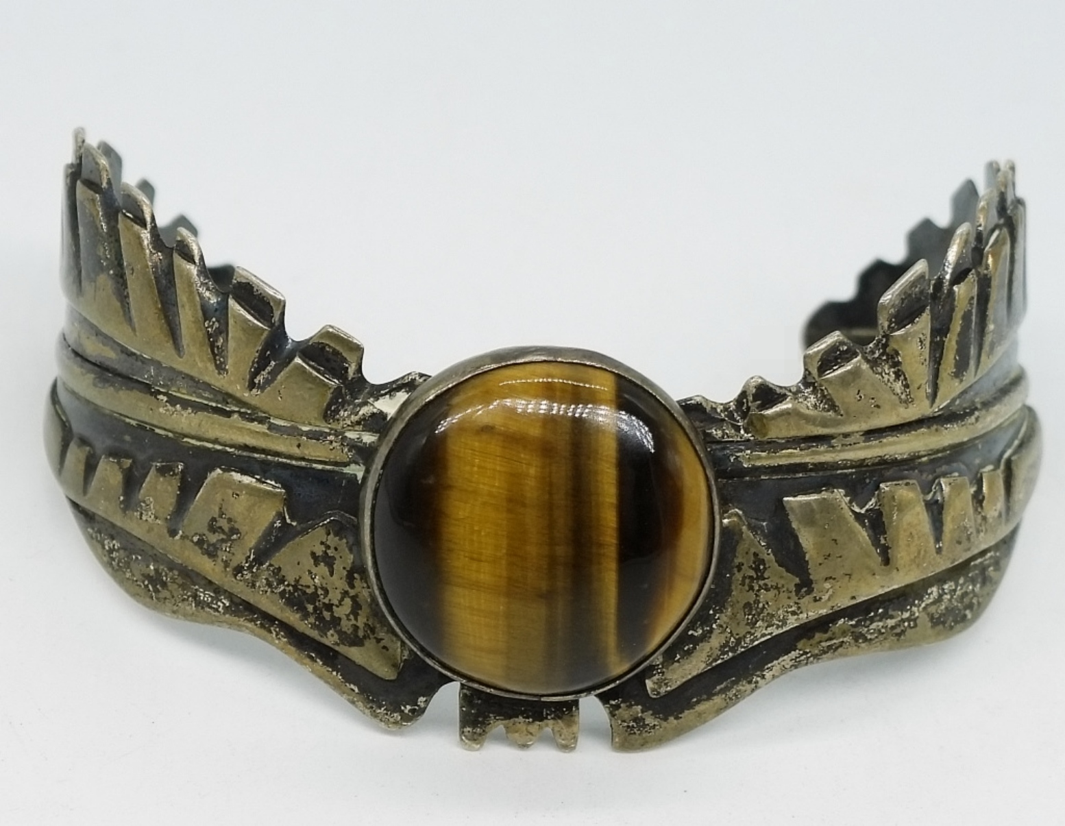 Signed Tigers Eye Cuff Bracelet Gold-Tone