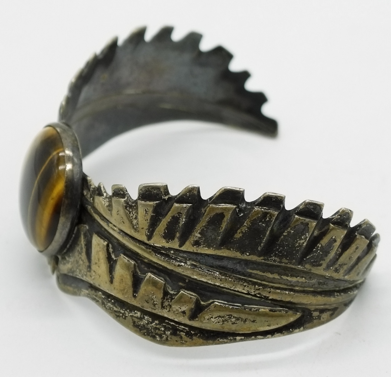 Signed Tigers Eye Cuff Bracelet Gold-Tone