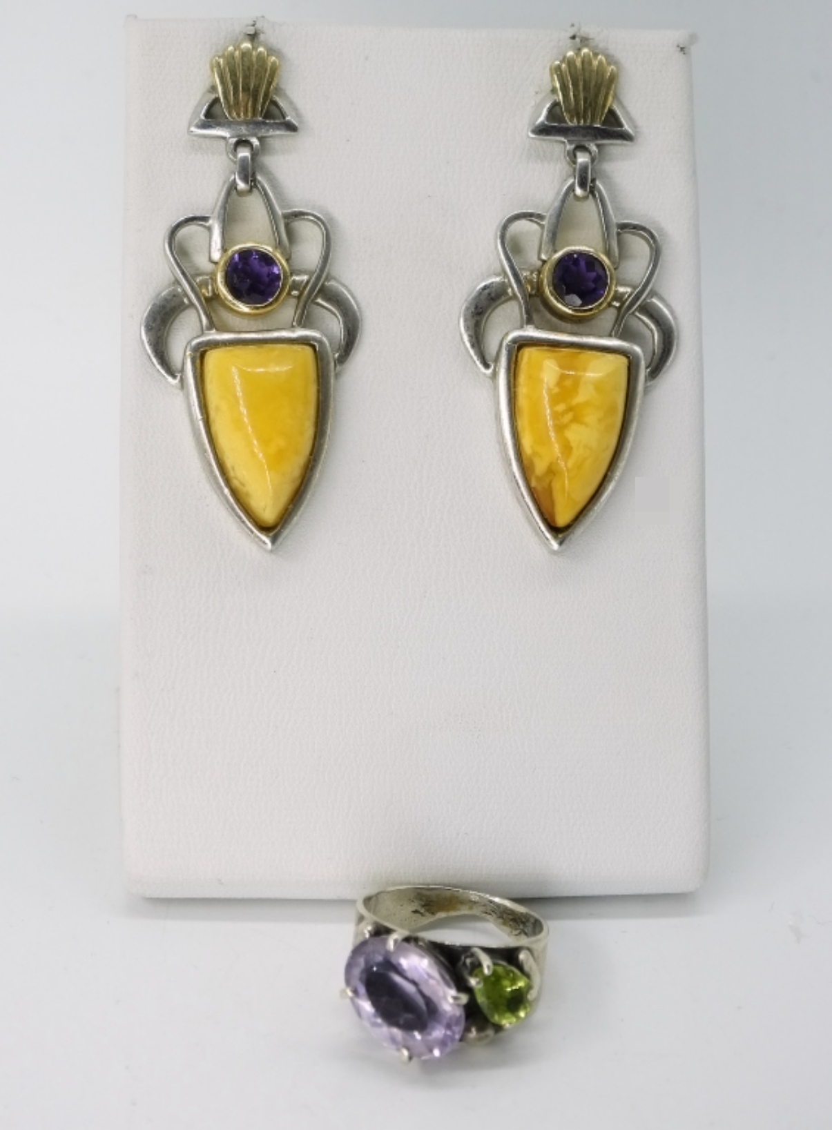 Sterling Amber Amethyst Earrings & Ring